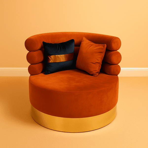 Sofa Chair 2 Bumble Velvet sofa chair pair in orange color and golden metal brass bottom