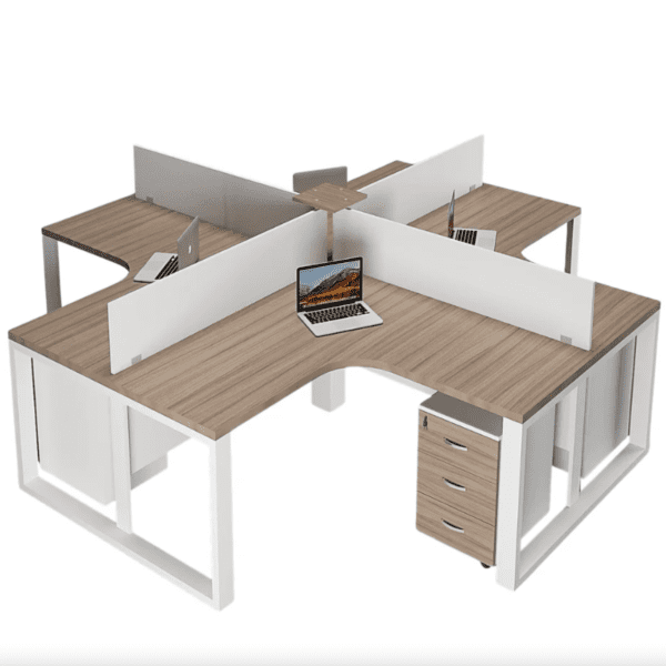 Workstation 1 4 person workstation with storage in white powder coated frame and separator