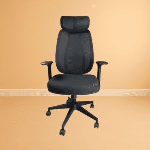 Apexy executive high-back mesh office chair in black with revolving base.