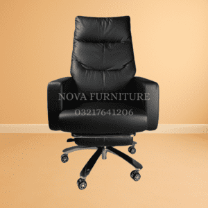 Luna black faux leather office boss chair with recliner and footrest feature in revolving edition