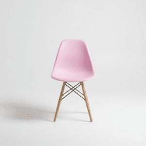 Pink PU plastic chair with wooden legs and metal bars holding it together for free giveaway